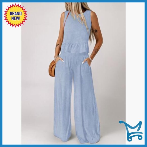 Women's 2 Piece Set Sleeveless Tank Top Wide Leg Pants Elastic Waist - Picture 3 of 7